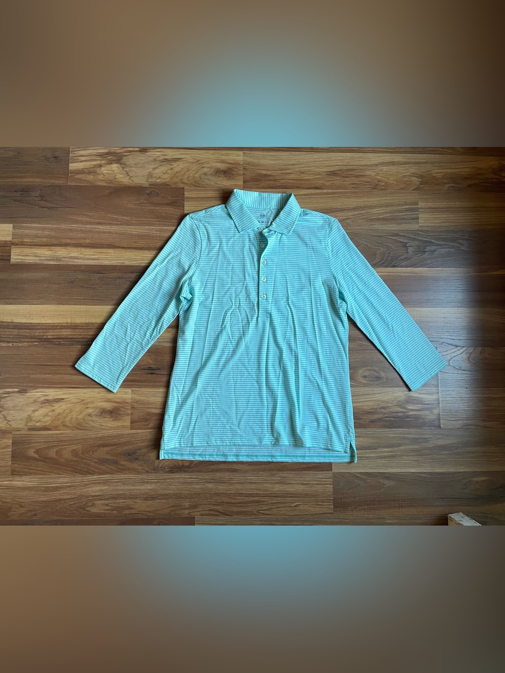Renwick Aqua & White Striped Pima Cotton 3/4 Sleeve Polo Top Size Small NEW